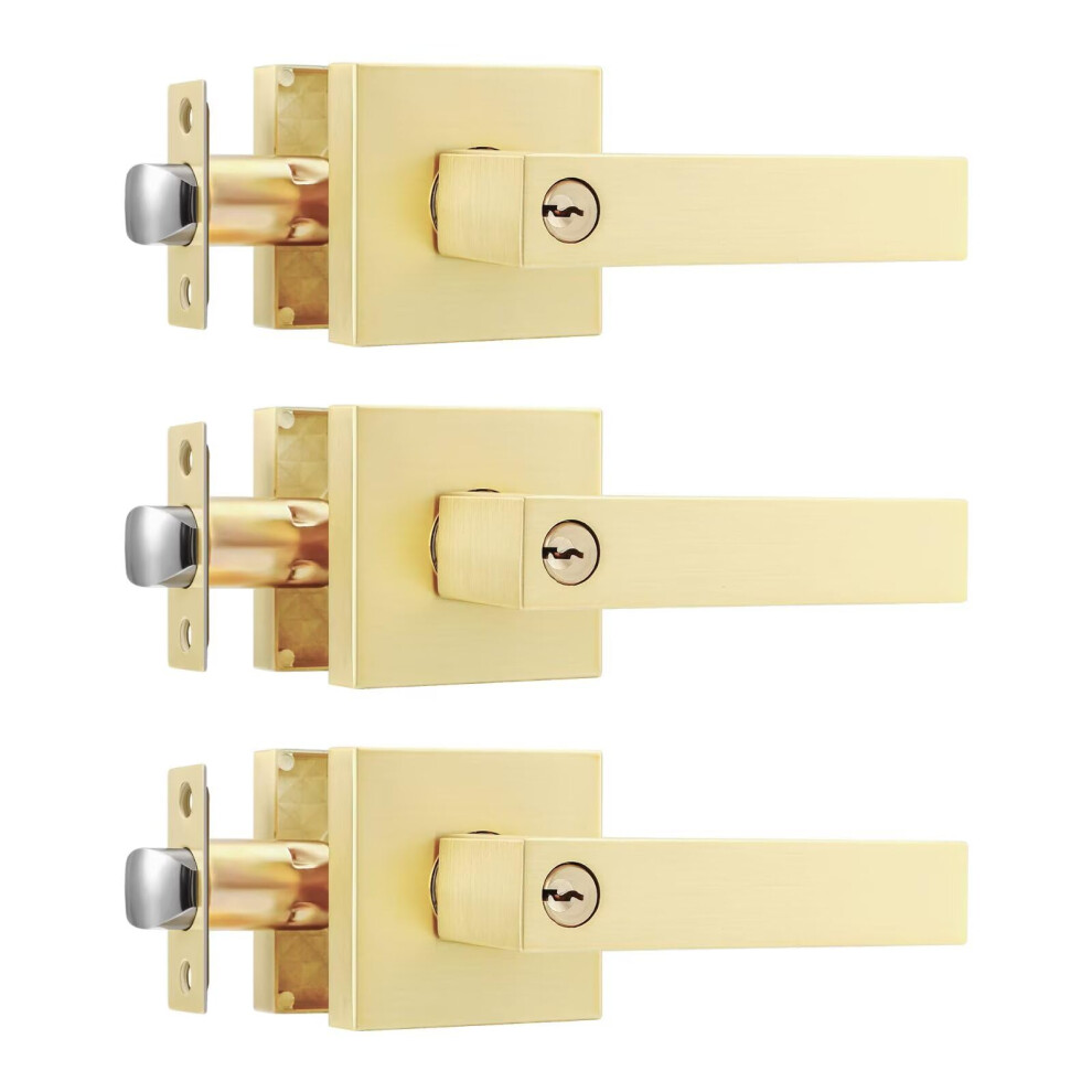 Leydebong 3 Pack Gold Door Knobs With Lock And Key Keyed Alike Entry Door Lock Brushed Gold Secure Keyed Reversible Lever Exterior For Front Entra 700721468874