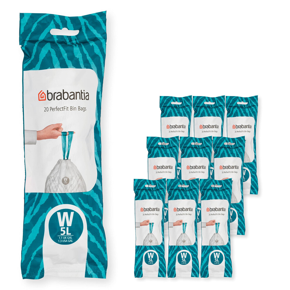 Brabantia White - Code W Perfectfit Bin Liners Multipack (Size W/5 Litre) Thick Plastic Trash Bags With Tie Tape Drawstring Handles (200 Bags) - Image 2