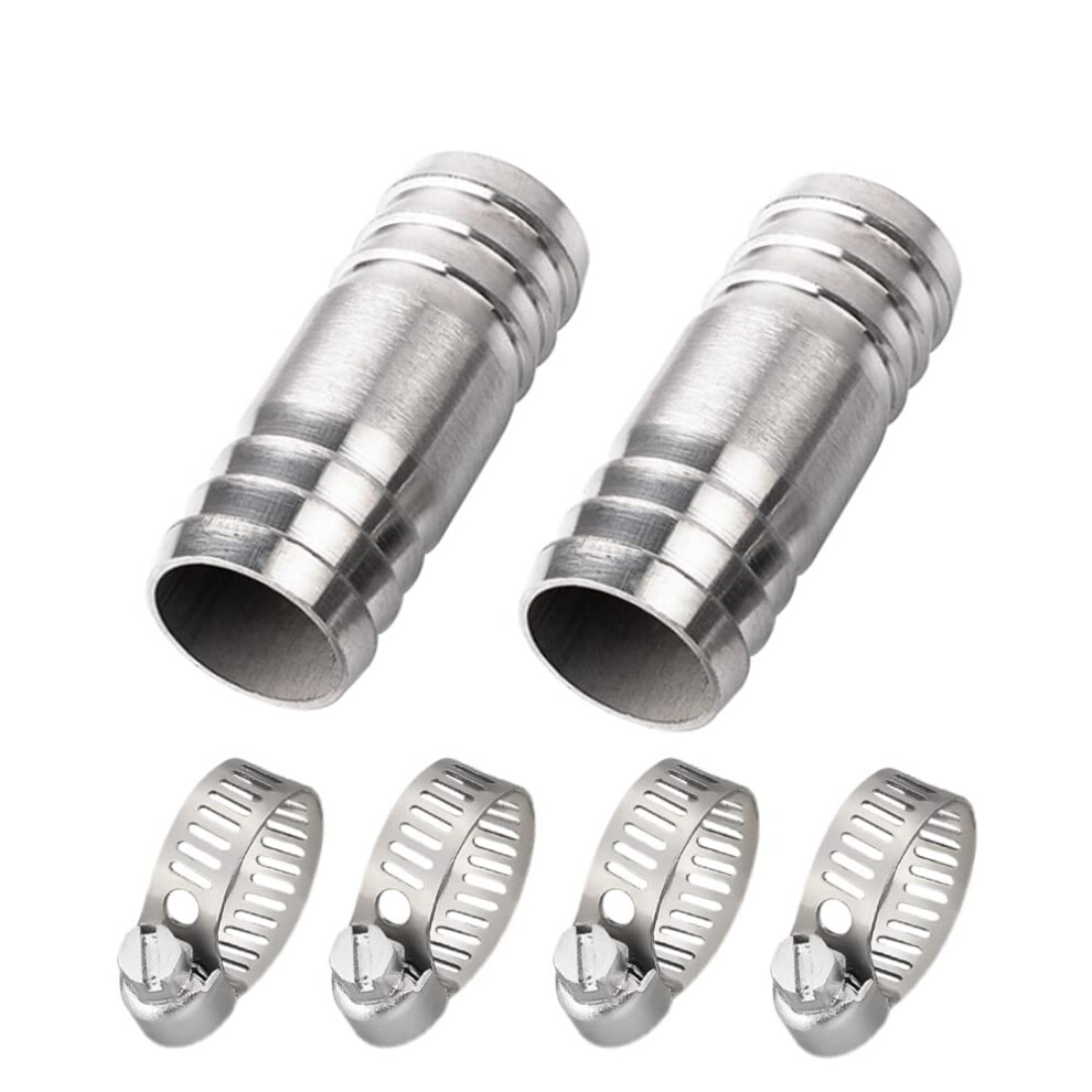 Pysrych Stainless Steel 304 Hose Barb Fitting Union 1"""" Barbed X 1"""" Barbed Splicer Mender Coupler With Hose Clamp (Pack Of 2) 701506999286