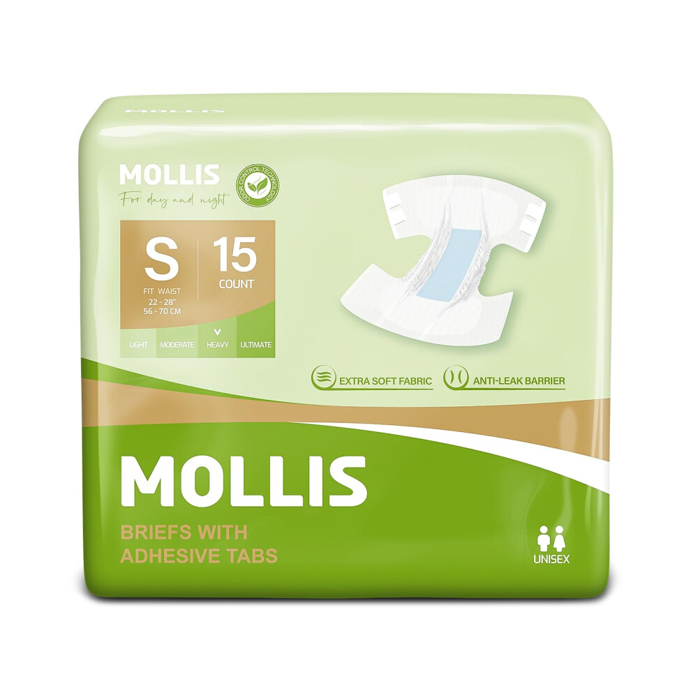 Mollis Adult Diapers For Women And Men Unisex Disposable Incontinence Briefs With Tabs Odor Control Small 15 Count