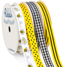 Ribbli Bumble Bee Nauha Mehilinen/Polka Dots/Musta Gingham/keltainen musta raidallinen nauha Kyt hiusrusetteihin Seppeleen lahjapakkaus 3/8 tuumaa