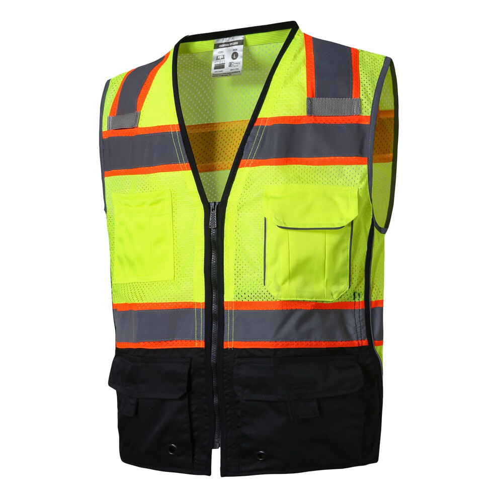 SKSAFETY 10 Pockets Professional Safety Vest Class 2 High Visibility ANSI/ISEA Standard Construction Work Vest (Lime Black 4XL)-image-OPC-PN9BXJ6-NEW