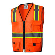 SKSAFETY 10 Pocket Pro Sikkerhedsvest - Klasse 2 Hi Vis Vest med Refleksstrimler med lynl?s - Orange XL