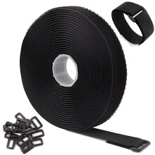5m x 2.5cm Reusable Cable Ties with 25 Buckles, Free Cut Length, Black Adjustable Fastening Cable Straps, Hook and Loop Securing Strap for Cable Tidy,