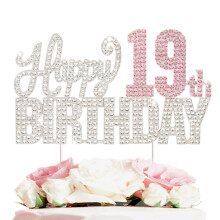 Dcoration de gteau Nelbiirth Happy 19th Birthday en strass argent et rose Cheers to 19 Years Old Nineteen Bday en mtal scintillant pour cen