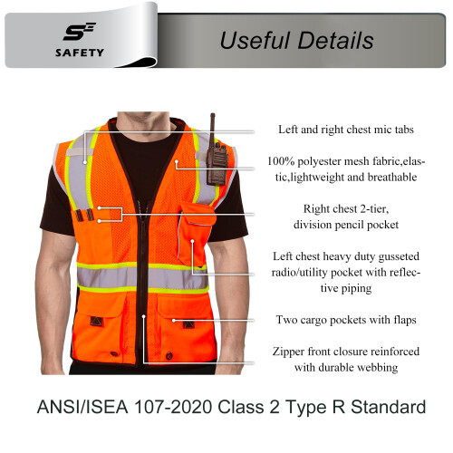 sesafety Safety Vest with 9 Pockets High Visibility Reflective Security Work Vest for Men ANSI/ISEA Class 2 Type R 2