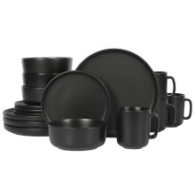 Gibson Home Zuma Stoneware Plates Bowls & Mugs Dinnerware Set - Matte Black Service for Four (16pcs)