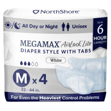 NorthShore MegaMax AirLock Lite ?ndbar 6-timers fanestil voksenbleer Medium pr?vepakke med 4 hvide 32-44 tommer unisex inkontinensundert?j