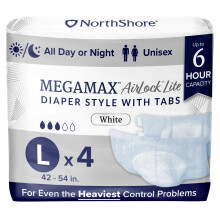 NorthShore MegaMax AirLock Lite ?ndbar 6-timers fanestil voksenbleer Stor pr?vepakke med 4 hvide 42-54 tommer unisex inkontinensundert?j