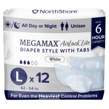 NorthShore MegaMax AirLock Lite ?ndbar 6-timers Tab-stil voksenbleer Stor 12 Count taske Hvid 42-54 tommer unisex inkontinensundert?j