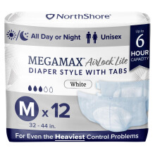 NorthShore MegaMax AirLock Lite ?ndbar 6-timers Tab-stil voksenbleer Medium 12 Count Taske Hvid 32-44 tommer unisex inkontinensundert?j