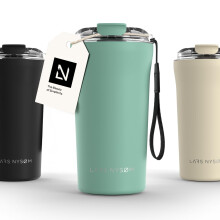LARS NYSM Thermo Coffee Mug to go with Strap 17 oz | Travel Mug 0.5 Liter with Insulation | Leak Proof Stainless Steel Thermal Tumbler for Coffee and
