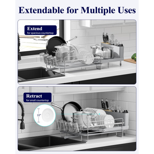 Kitsure Scolapiatti Grande - Scolapiatti Estensibile Scolapiatti Multifunzionale per Bancone della Cucina Scolapiatti Antiruggine con Posate e Po 1