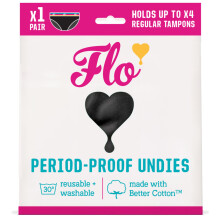 FLO - Mutandine riutilizzabili a prova di ciclo nere Hipster (S-3XL) - Intimo mestruale per donna - Morbido cotone - Contiene 4 tamponi di flusso