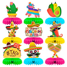 9 stykker Cinco de Mayo Festival Honeycomb Centerpieces Borddekoration Mexicansk Fiesta Vibrant Cactus Piata Taco og Sombrero M?nster Bord Topper