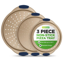 NutriChef Set di teglie per pizza da 3 pezzi con manici in silicone - Teglia per pizza rotonda antiaderente con fori perforati Resistente acciaio