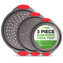 NutriChef Set di teglie per pizza da 3 pezzi con manici in silicone - Teglia per pizza rotonda antiaderente con fori perforati Resistente acciaio