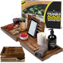 Temple Spring Foldable Bathtub Tray Unique Design Selfcare Bathroom Caddy Acacia Spa Bathroom Tray Wooden Bathtub Accessories Wedding Gift/Birthd