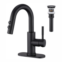 Rubinetto per lavabo Kablle con spruzzatore a discesa Rubinetto estraibile monocomando nero opaco con scarico pop-up Rubinetto per lavabo a barra
