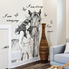 Lot de 2 autocollants muraux inspirants fille et cheval  dcoller et  coller noirs, dcoration murale de motivation pour bureau, femme pionnir
