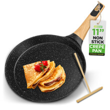 NutriChef 11 Non-Stick Crepe Pan with Wooden Spreader Durable Marble Coated Dosa Pan Bakelite And Wood Handle With Induction Bottom Easy-to-Clean