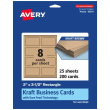 Avery afdrukbare rechthoekige visitekaartjes met Sure Feed-technologie 2"" x 3-1/2"""" Kraftbruin karton Print tot aan de rand Laser/Inkjet 200 Totaal