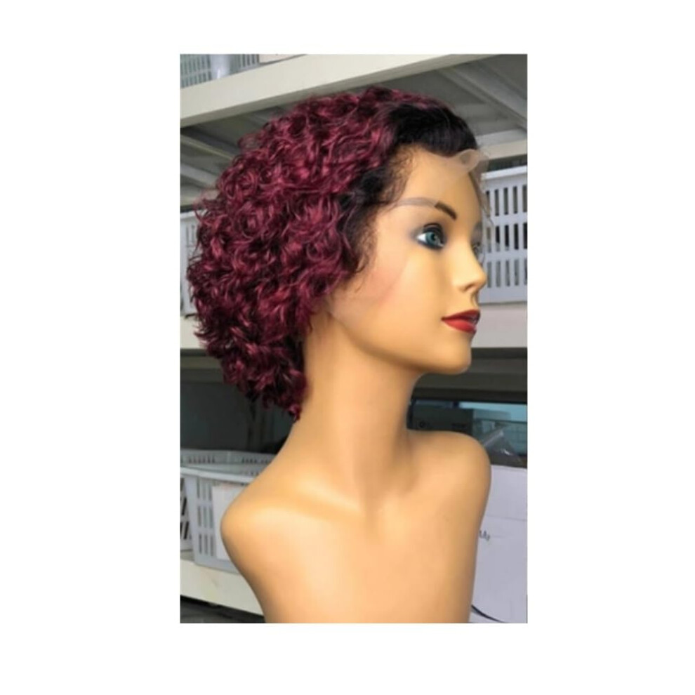 Unisex Pixie Curly Wig T Lace Wig Human Hair 1B/99J Color
