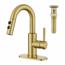 Kablle Badezimmer-Wasserhahn mit ausziehbarem Sprüher, gebürstetes Gold, Einhebelmischer für 1 oder 3 Löcher