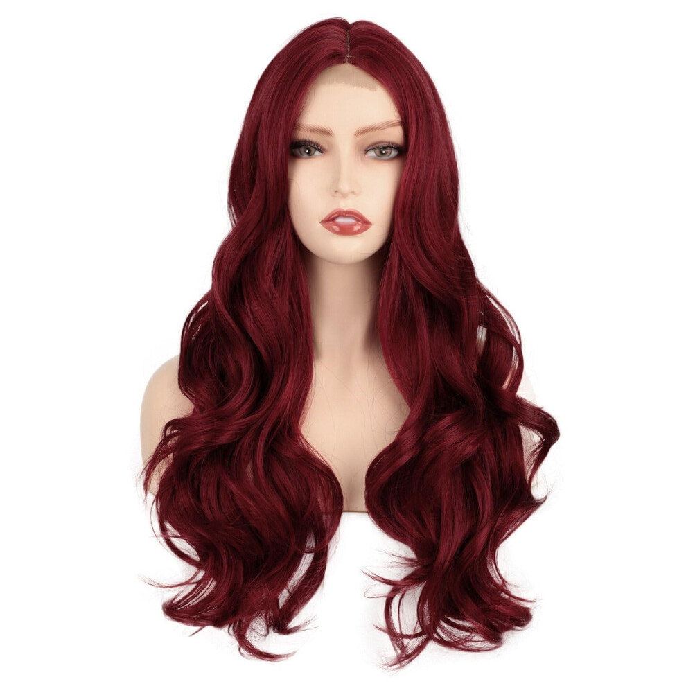Wig Lace Front Long Wavy Wine Red Middle Part 100% Human Hair For Women