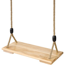 Hangende houten schommel voor binnen en buiten, gemaakt van milieuvriendelijke en veilige materialen. Gebogen zitting voor een comfortabele