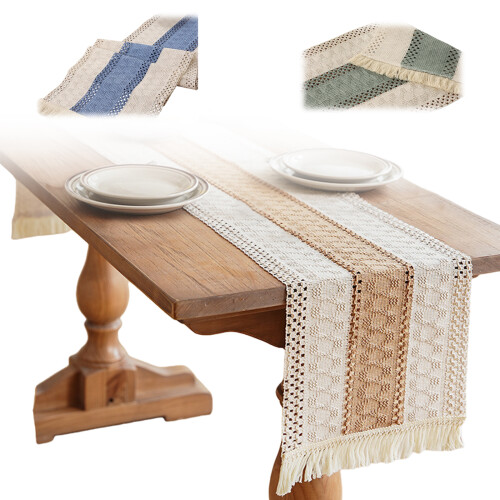 Decorative Pattern Table Runner 30x140cm Tassels Border-Green 1