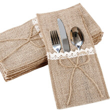 Burlap Lace Utensil Holders For Rustic Wedding, Elegant Table Decoration Linen Lace Cutlery Pouch For Vintage Wedding
