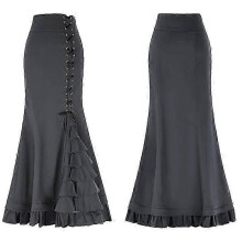 (S, grey) Women's Pleated Midi Skirt Gothic Punk Skirt Lace Up Victorian Skirt Elastic High Waist A-line Maxi Victorian Skirts-Good