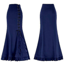 (S, blue) Women's Pleated Midi Skirt Gothic Punk Skirt Lace Up Victorian Skirt Elastic High Waist A-line Maxi Victorian Skirts-Good