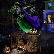 Flying Witch Halloween Decor Broom, 180cm Animated Hovering Witch Animatronics, Flying Witch Decorations with Scary Sounds and Lights, Animated Hallow