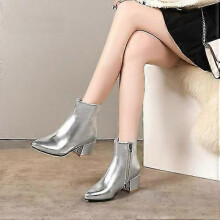 (42, Silver) Autumn Winter Glitter Square Heel Pointed Low-top Women Boots-Good