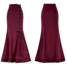 (4XL, red) Women's Pleated Midi Skirt Gothic Punk Skirt Lace Up Victorian Skirt Elastic High Waist A-line Maxi Victorian Skirts-Good