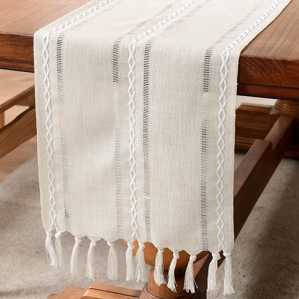 Rustic Linen Table Runner with Vintage Charm, Farmhouse Style Table Runners Featuring Hand-Tassels Design and Textured Woven Fabric, Elegant Dining Ro-image-OPC-PN9F98G-NEW
