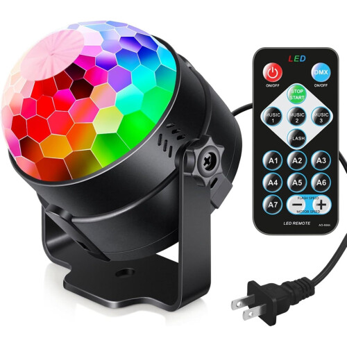 LED Disco Ball Party Light SoundActivated 7 Lighting Modes Remote Control 8.3 cm Diameter