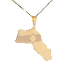 (Gold-color) Stainless Steel Trendy Kurdistan Map Pendant Necklaces Kurdish Flag Map Jewelry