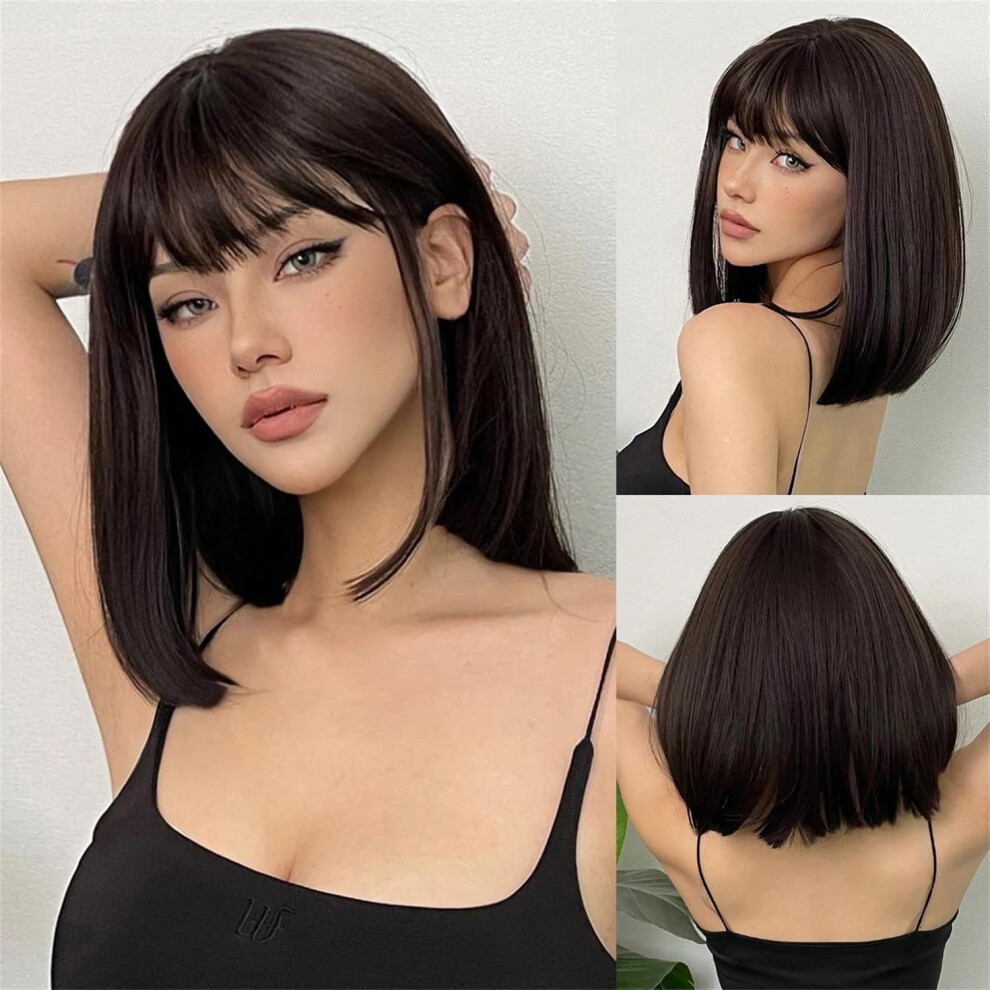 Short Black Brown Synthetic Hair Wigs For Women Bob Straight Wig With Bangs HeatResistant Wig Cosplay Model