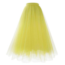 (L, Yellow) 2025 Womens Pleated Gauze Knee Length Tulle Skirt Adult Dancing Skirt