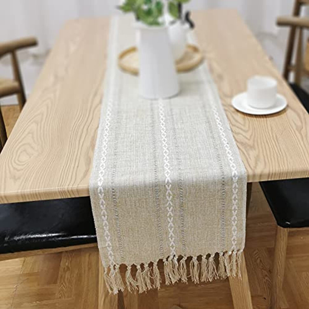 Boho Table Runner with Embroidered Detail, Rustic Linen Table Runner Crafted from Textured Woven Fabric and Featuring Vintage Table Decor Aesthetic, I-image-OPC-PN9FCRG-NEW