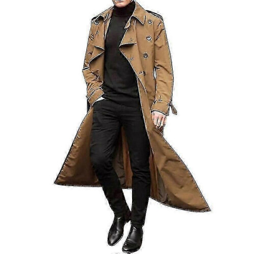 (S, Khaki) Men Long Trench Coat Lapel Overcoat Casual Winter Jacket Plain Outerwear-MXBC