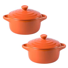Set of 2 Mini Ceramic Casserole Pots with Lids Oven Safe Small Soup Pots For Soups And Stews Orange