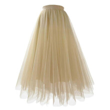 (L, Khaki) 2025 Womens Pleated Gauze Knee Length Tulle Skirt Adult Dancing Skirt