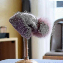 (Leather purple) Winter Real Fox Fur Pom Pom Knitted Beanies For Women Fashion Mink Warm Pompoms Natural Beanies Female Three Fold Thick Hats-Good