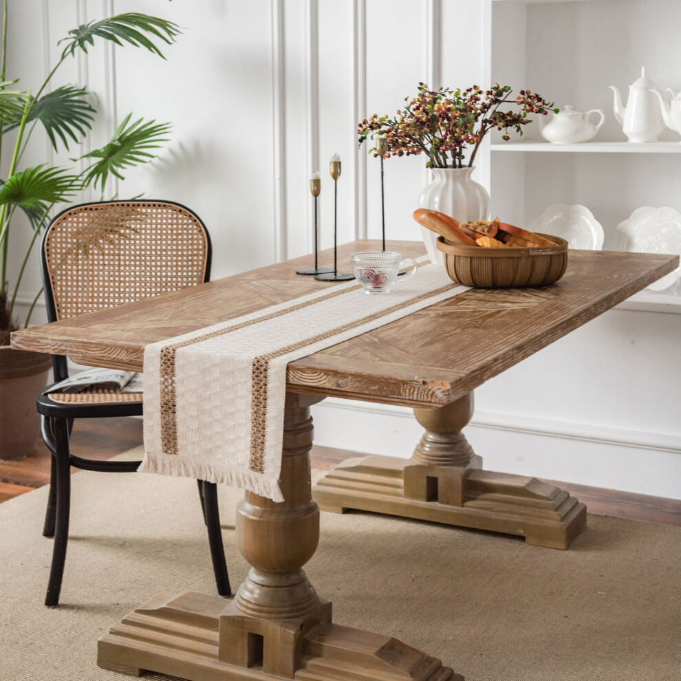 Easy Care Table Runner, Easy Care Cotton and Linen Blend for Hand Washable Table Runner Option, Tassel Feature with Stripe Design for Party Decoration-image-OPC-PN9GFCX-NEW