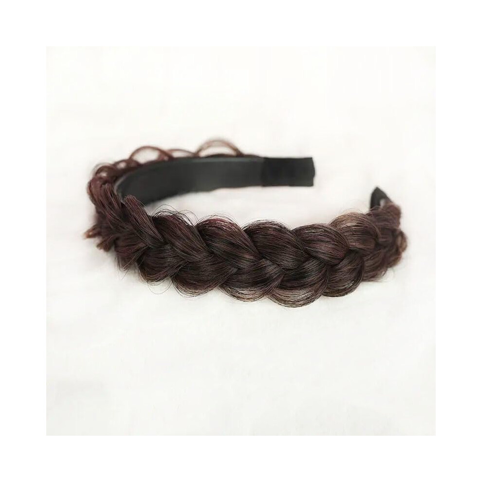 Unisex Brown Hairband Braids Synthetic Wigs With Headband, Fringe Extensions, No Bangs, For Women And Girls