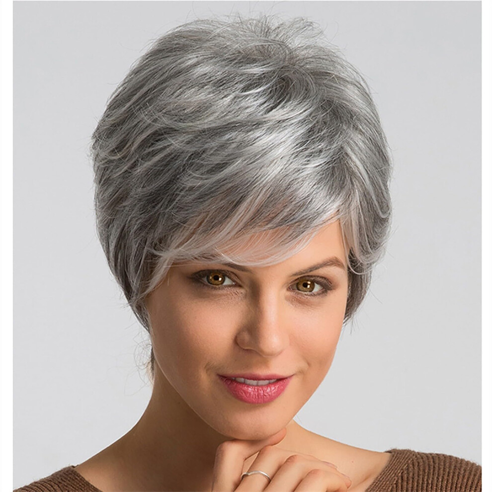 Old Middle Age Women's Short Silver Wig Synthetic Fiber, Straight Grey, Breathable Cap For Elderly Women